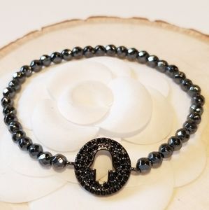 NEW Black CZ Hamsa Hematite Stretch Bracelet